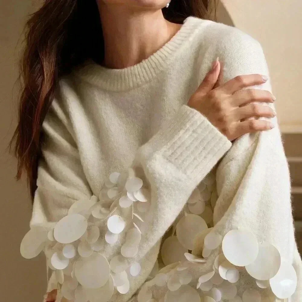 Apricot Casual Women's Handmade Beaded & Sequined Delicate Pullover Sweater
